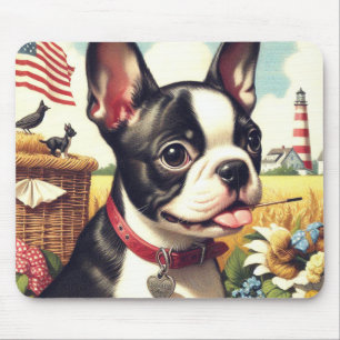 Vintage Boston Terrier Illustration Mouse Pad