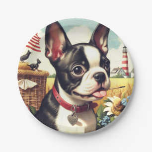 Vintage Boston Terrier Illustration Paper Plate