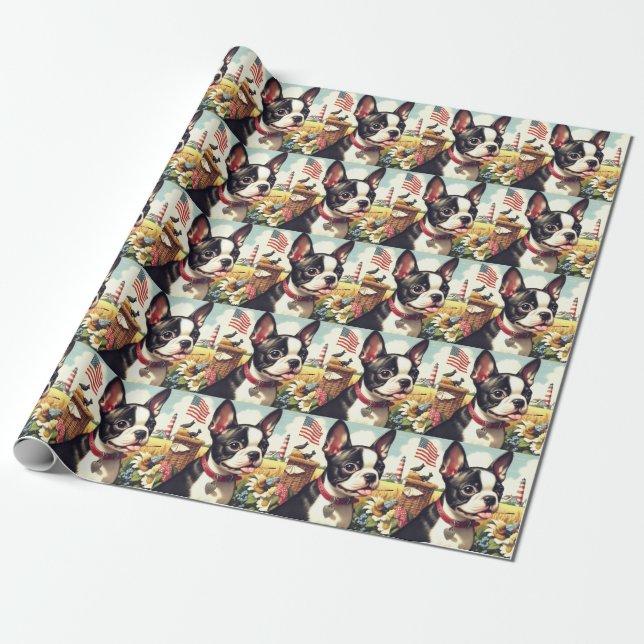 Vintage Boston Terrier Illustration Wrapping Paper (Unrolled)