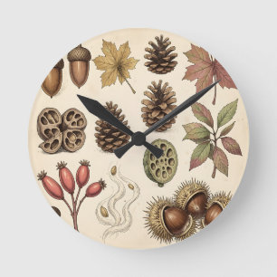 Vintage Botanical Autumn Acorns Pinecones Leaves Round Clock