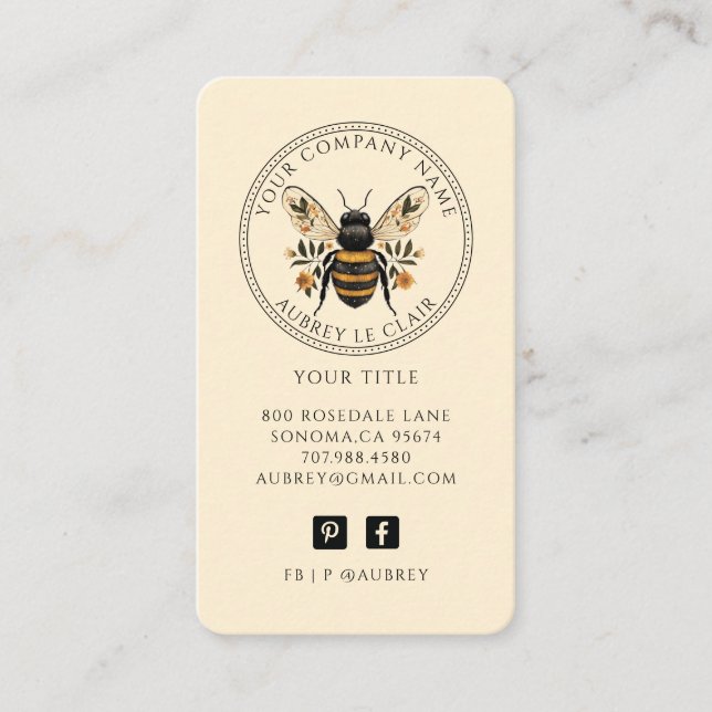 Vintage Botanical Bee Logo Template Business Card (Front)