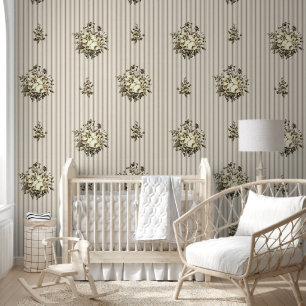 Vintage Botanical Beige Flower Ticking Stripes Wallpaper
