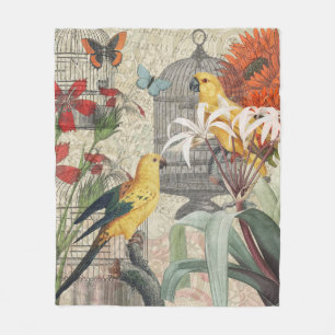 Vintage Botanical Bird Nature Antique Tropical Fleece Blanket