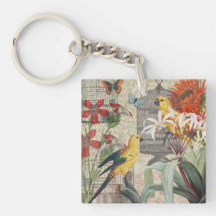 Vintage Botanical Bird Nature Antique Tropical  Key Ring