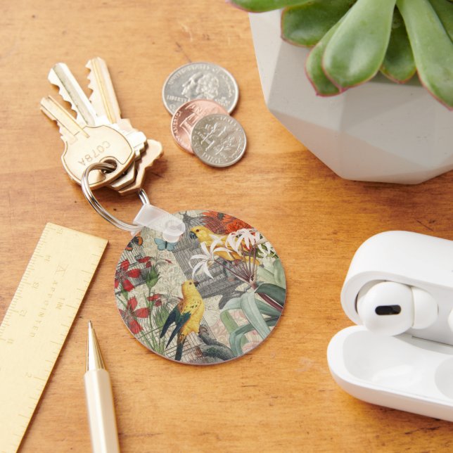 Vintage Botanical Bird Nature Antique Tropical  Key Ring (Desk)