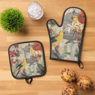 Vintage Botanical Bird Nature Antique Tropical  Oven Mitt & Pot Holder Set