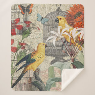 Vintage Botanical Bird Nature Antique Tropical Sherpa Blanket