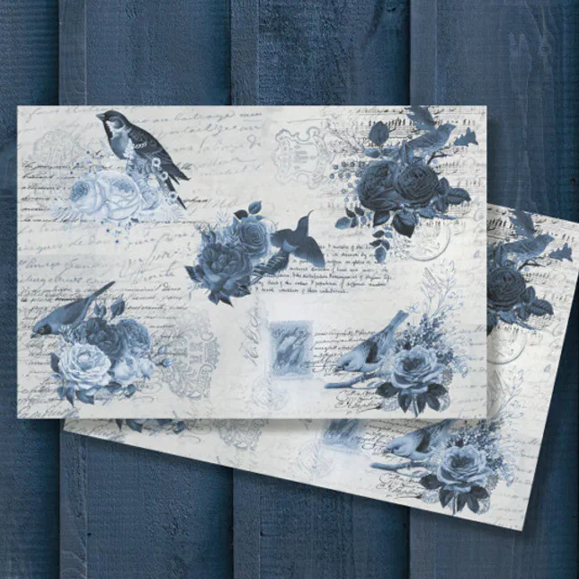Vintage Botanical Birds Blue Flowers Decoupage Tis Tissue Paper | Zazzle