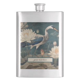 Vintage botanical blue crane customisable  hip flask