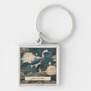 Vintage botanical blue crane customisable key ring
