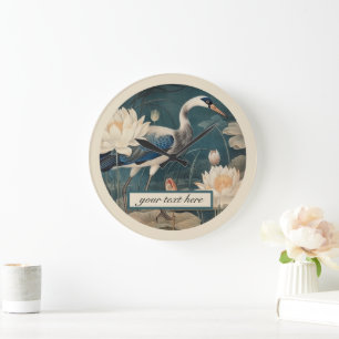 Vintage botanical blue crane customisable large clock