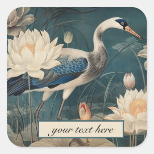 Vintage botanical blue crane customisable square sticker