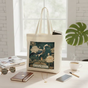 Vintage botanical blue crane customisable tote bag
