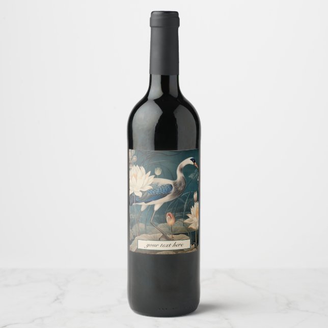 Vintage botanical blue crane customisable  wine label (Front)