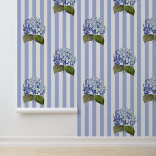 Vintage Botanical Blue Hydrangea Flower Stripe Wallpaper