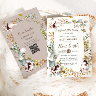 Vintage Botanical Bunny Rabbits Baby Shower QR Invitation