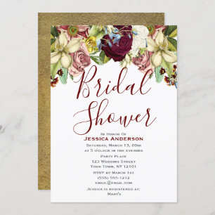 Vintage Botanical Burgundy Gold Bridal Shower Invitation