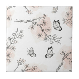 Vintage Botanical Butterfly Toile Pattern (10) Ceramic Tile