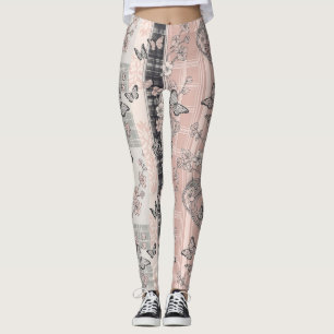 Vintage Botanical Butterfly Toile Pattern (10) Leggings