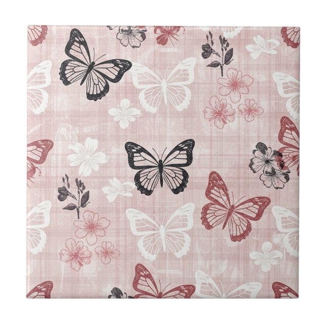 Vintage Botanical Butterfly Toile Pattern (1) Ceramic Tile (Front)