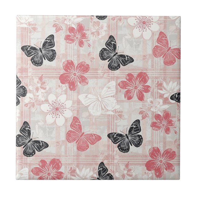 Vintage Botanical Butterfly Toile Pattern (3) Ceramic Tile (Front)