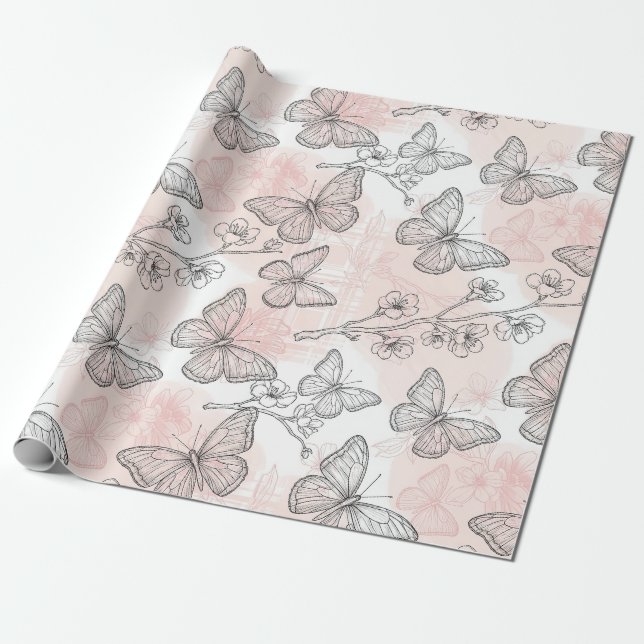 Vintage Botanical Butterfly Toile Pattern (5) Wrapping Paper (Unrolled)