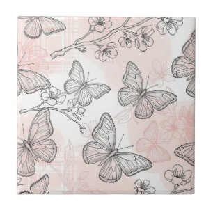 Vintage Botanical Butterfly Toile Pattern (6) Ceramic Tile