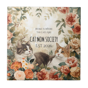 Vintage Botanical Cat Mum Society Floral Art Decor Ceramic Tile