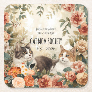 Vintage Botanical Cat Mum Society Floral Art Decor Square Paper Coaster