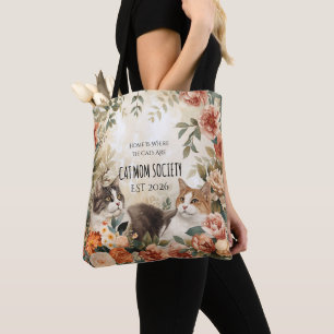 Vintage Botanical Cat Mum Society Floral Art Decor Tote Bag