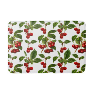 Vintage Botanical Cherries Print on White Bath Mat