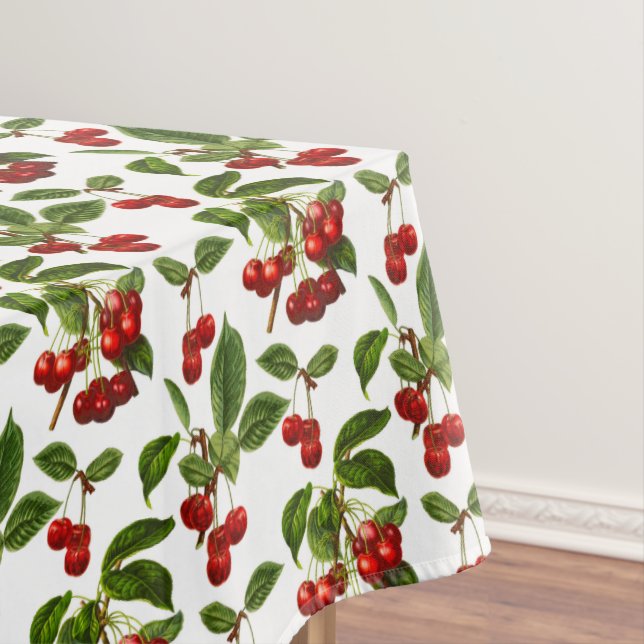 Vintage Botanical Cherries Print on White Tablecloth (In Situ)
