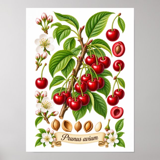 Vintage Botanical Cherry Illustration Poster (Front)