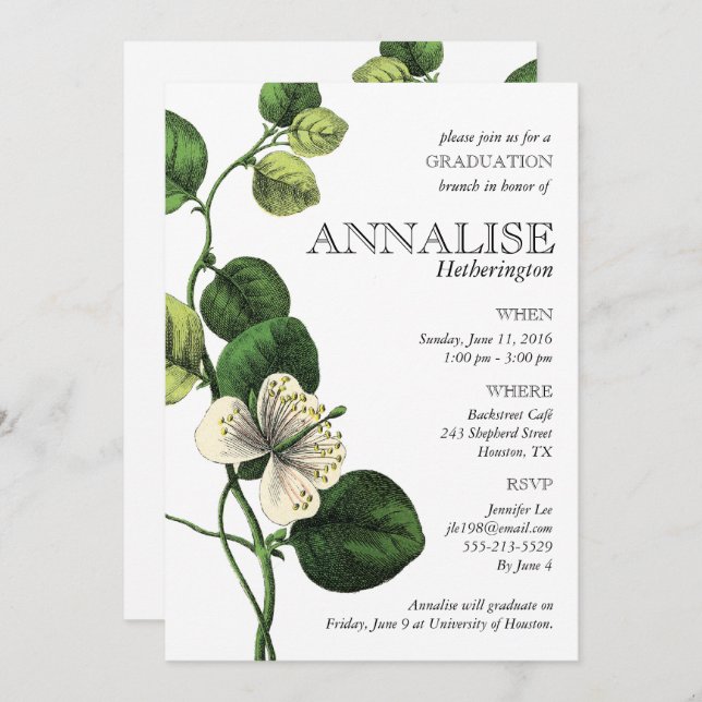 Vintage Botanical Chic Grad Party Invitations (Front/Back)
