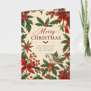 Vintage Botanical Christmas Holly and Bird Folded Card