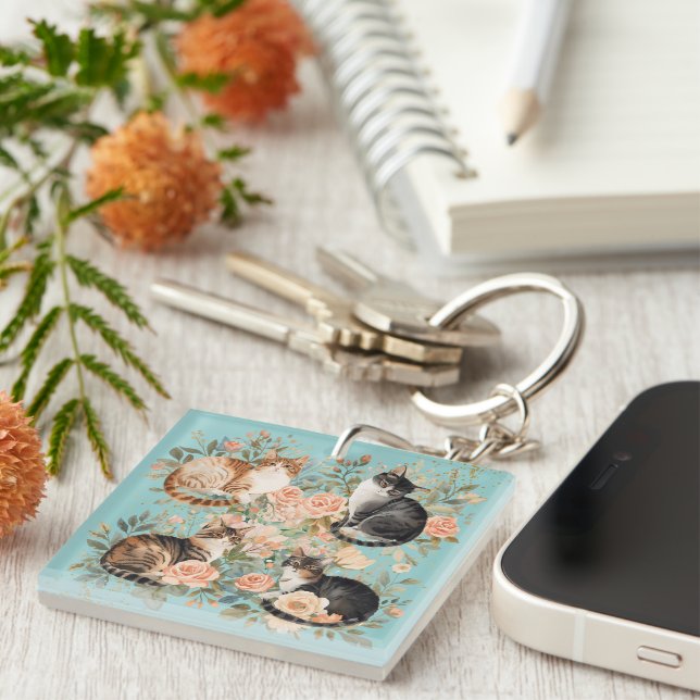 Vintage Botanical Cottagecore Cat Lover Gift Key Ring (Front Right)