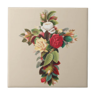 Vintage Botanical Cross of Roses Religious Art Ceramic Tile