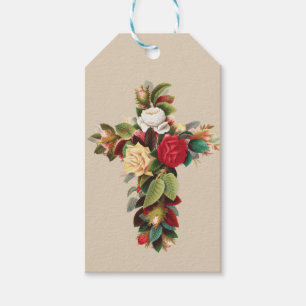 Vintage Botanical Cross of Roses Religious Art Gift Tags