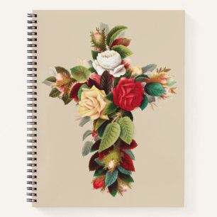 Vintage Botanical Cross of Roses Religious Art Notebook