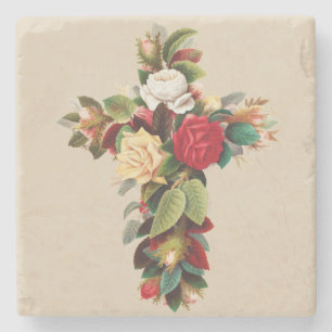 Vintage Botanical Cross of Roses Religious Art Stone Coaster