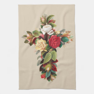 Vintage Botanical Cross of Roses Religious Art Tea Towel