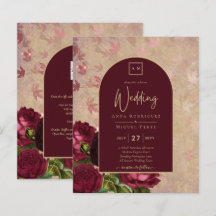 Vintage Botanical Deep Red Roses Wedding Gold Text