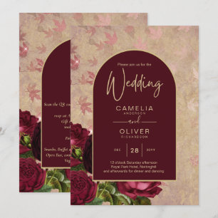 Vintage Botanical Deep Red Roses Wedding Gold Text Invitation