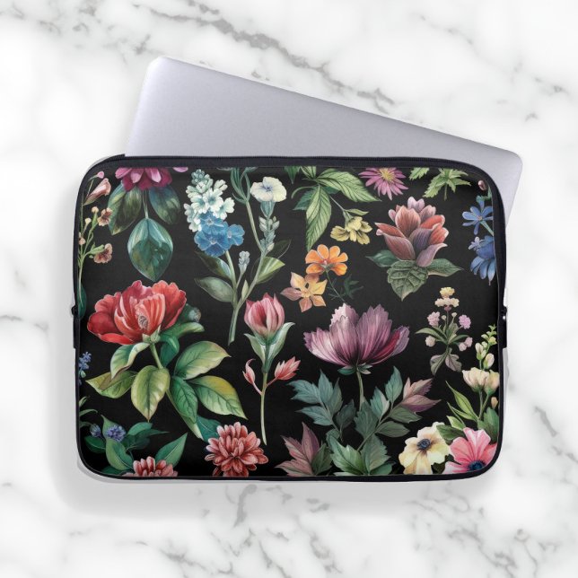 Vintage Botanical Elegance Black Laptop Sleeve (Creator Uploaded)