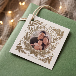 Vintage Botanical Family Photo Christmas - Brown Favour Tags