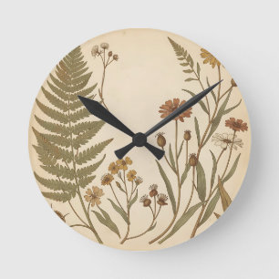 Vintage Botanical Fern Wildflowers Antique Round Clock