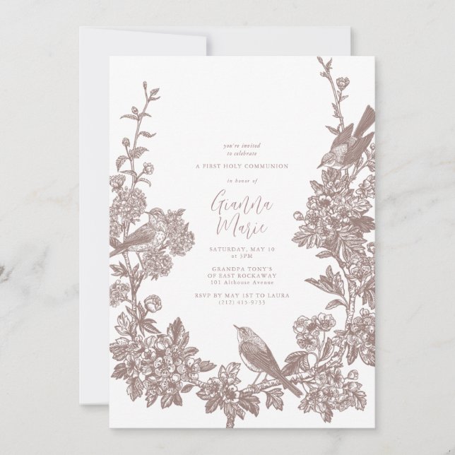 Vintage Botanical First Communion Invitation (Front)