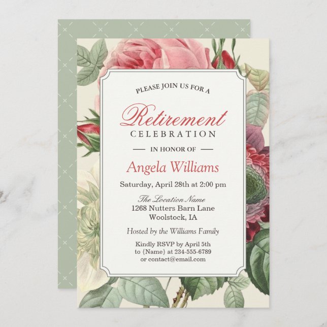 Vintage Botanical Floral Elegant Retirement Party Invitation (Front/Back)