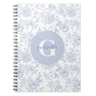 Vintage Botanical Floral Toile Blue White Monogram Notebook