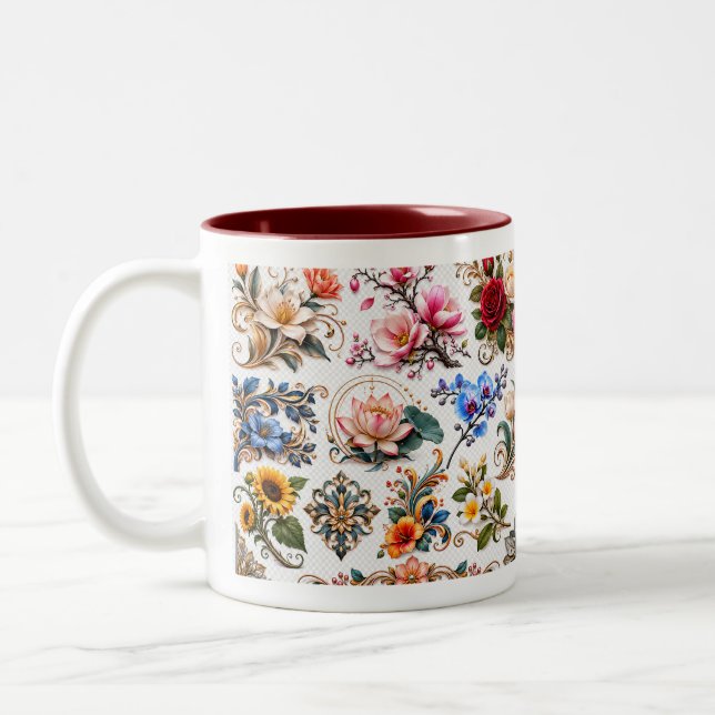 Vintage Botanical Floral Two Tone Coffee Mug .. (Left)